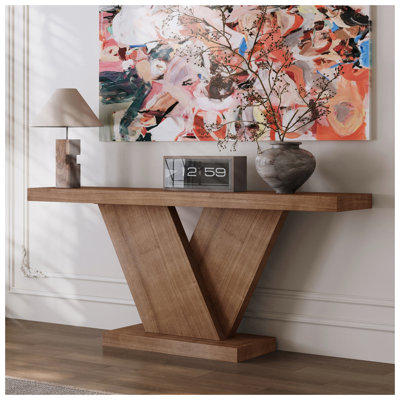 Modern X-Leg Console Table, 66" L, Solid Wood Veneer, Narrow Entryway Hallway Sofa Table, Walnut Finish | Gift Idea