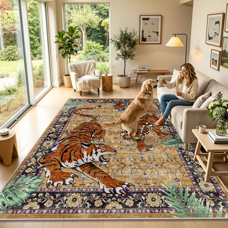Tapis à motif tigre, tapis oriental lavable, tapis antidérapant, Rectangulaire 8 pi x 10 pi