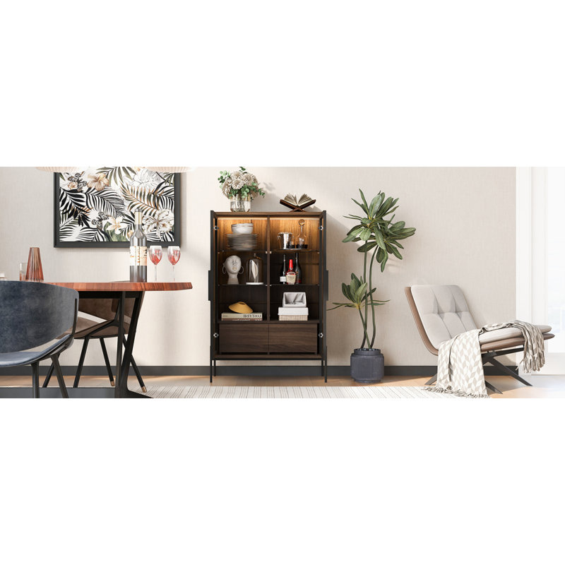 51.2'' Tall Lighted Display Cabinet With Tempered Glass Door, Metal Legs, LED Curio Cabinet, Modern Minimalist Style, For Living Room, Office, Study
