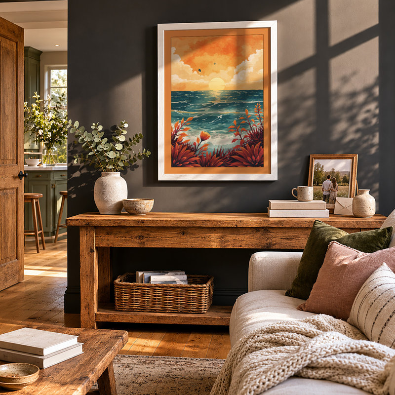 Sunset Over Turbulent Waves Coastal - Print, A3 - 42.0 x 29.7 cm, White