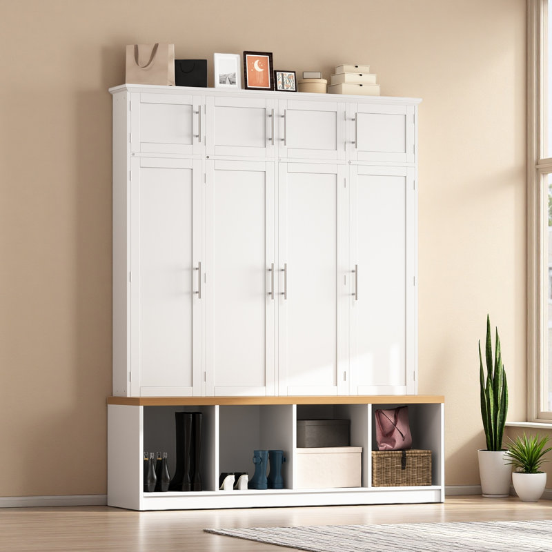 Arbre d'entrée en bois avec banc et rangement pour chaussures, banc de rangement pour hall d'entrée avec portemanteau, grand arbre d'entrée avec 4 crochets à manteau et 8 portes