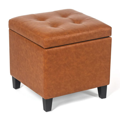 PU Leather Square Storage Ottoman Lift Top Footstool with Wood Legs