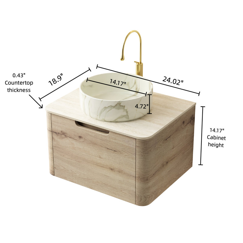 Bathroom Vanity 24", Sink, Floating Plywood Storage, Stone Pattern White Ceramic Basin, -Pattern Sintered Top, Oak , Easy To Assemble 24" Vanity, Storage Cabinet, Pattern, Roman , Stain-