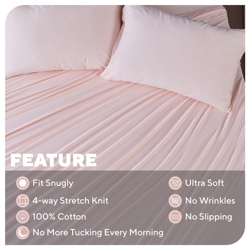 Jersey Knit Queen Sheets 4pc|100% T-Shirt Cotton Breathable Jersey Sheets Set| All Season , Light Pink, Queen, Light Pink