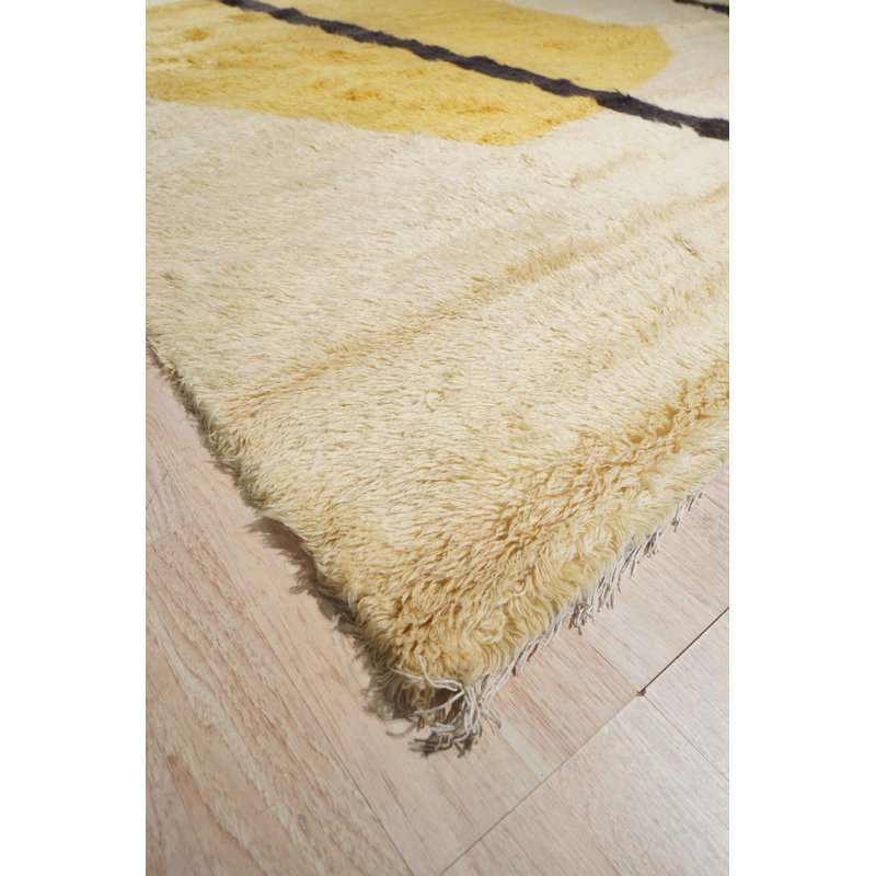 Yellow Hand-Knotted Wool Abstract Outlines Vintage Mid Century Modern Contemporary Carpet Rug, 5' x 8'