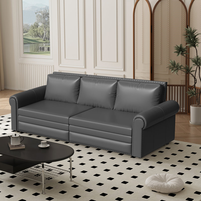 3-In-1 Faux Leather Convertible Sleeper Sofa, Gray