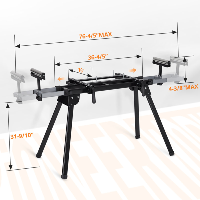 Support robuste compatible pour scie à onglets – Cadre en fer pliable et portable, capacité de 200 kg, rail coulissant de 195 cm, supports de montage à dégagement rapide, compatible avec la plupart des scies à table et à onglets