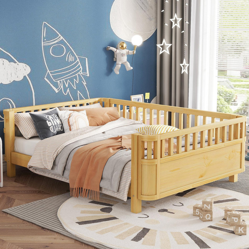 Lit plateforme double en bois pour enfants, lit double en bois à profil bas avec rails pour filles et garçons, naturel, Full