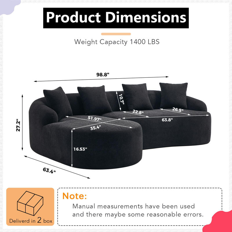 Canapé modulaire noir en L modulaire avec méridienne incurvée et assise profonde en mousse haute densité chenille