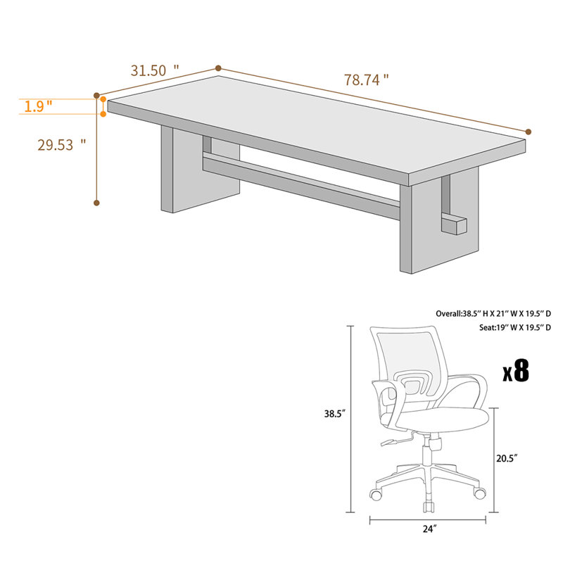 Table de conférence industrielle en bois massif avec 8 chaises de bureau ergonomiques en filet