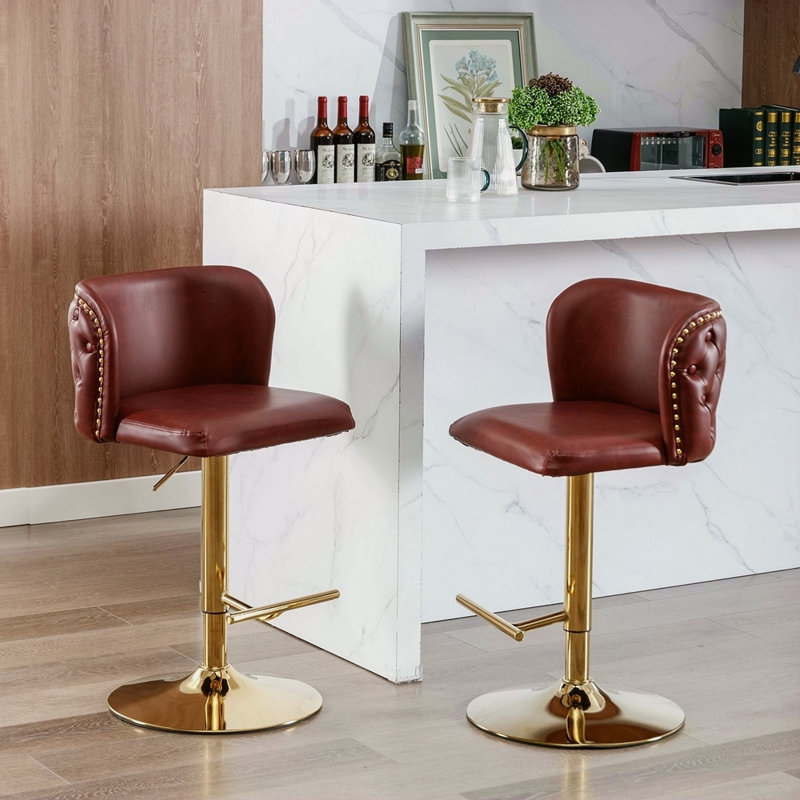 Meubles, tabourets de bar pivotants à hauteur de siège réglable, tabourets de bar rembourrés en polyuréthane moderne avec dossier complet capitonné, pour pub à domicile et îlot de cuisine (ensemble de 2)
