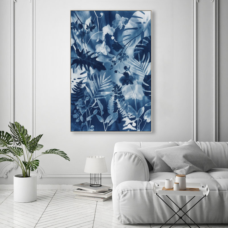 Blue Foliage Print by Oliver Gal, 37"H x 55"W, Silver Floater Frame