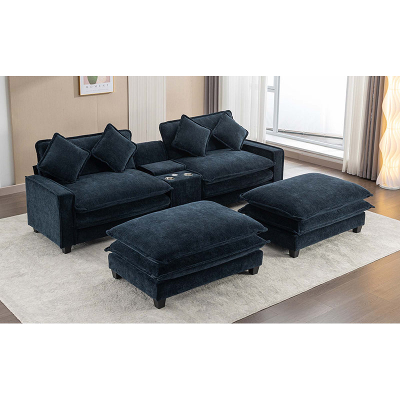 Canapé modulaire en chenille de 111 po avec deux repose-pieds amovibles, deux ports USB, deux porte-gobelets et une grande boîte de rangement pour le salon