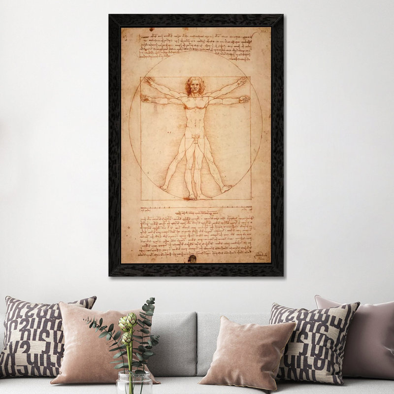 Vitruvian Man by Leonardo Da Vinci - Painting on Canvas, 101.6 cm H x 66.04 cm W x 3.175 cm D, Black Floater Framed