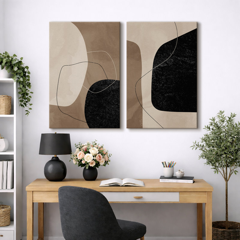 Mid Century Shape "Warm Brown & Faded Black Abstract Lines Artwork, Modern Minimalist Neutral Wall Pictures, Framed Canvas Giclée Print 2 Pieces Wall Art" 16x24x2 pcs, 24x36x2 pcs