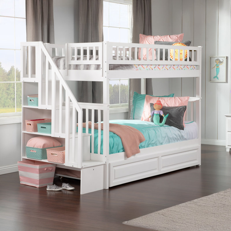 Henden Solid Wood Standard Staircase Bunk Bed with Twin Roll Out Trundle, White, Twin over Twin