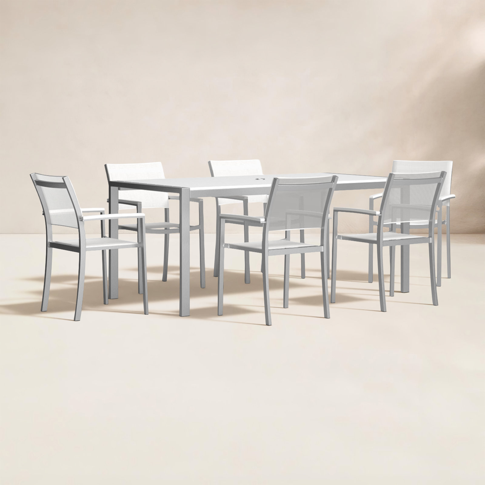 Devan 71" Patio Dining Set, Silver Frame/White Top