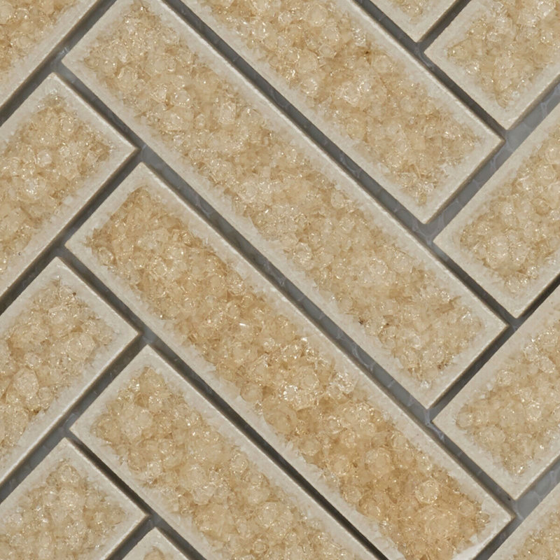 Roman Crackle Herringbone 11.75" x 11.5" Glass Mosaic Sheet Wall Tile, Ivory