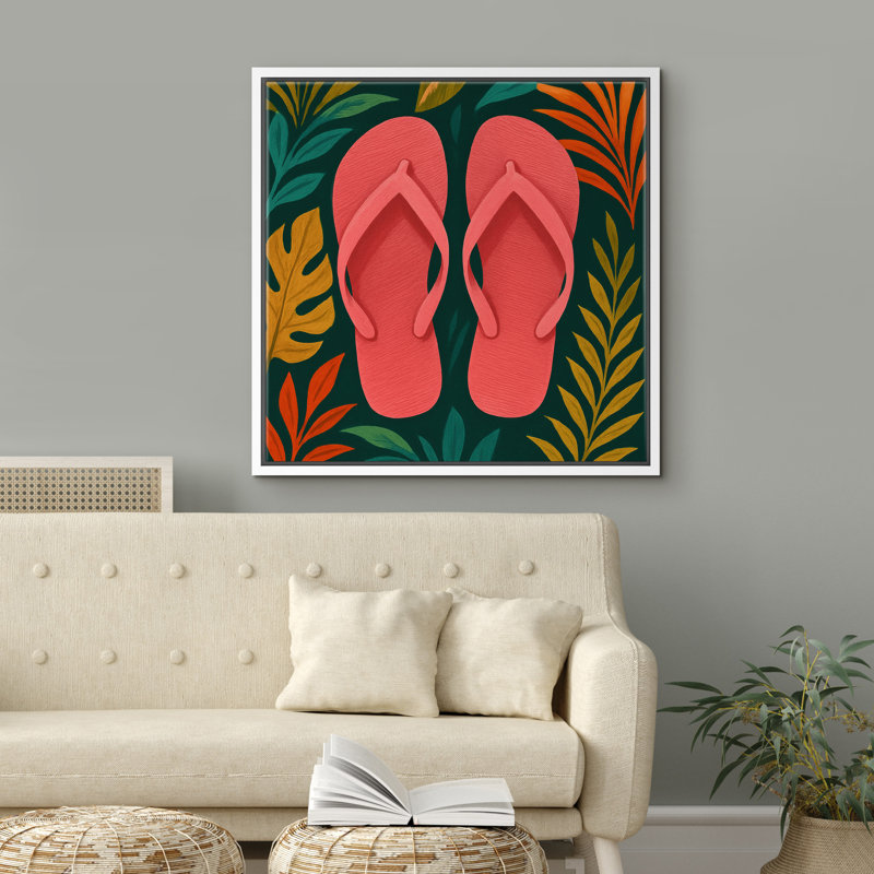 «Tropical Leaves with Flip Flops», reproduction d'art sur toile encadrée, H 16 po x l 16 po, Blanc