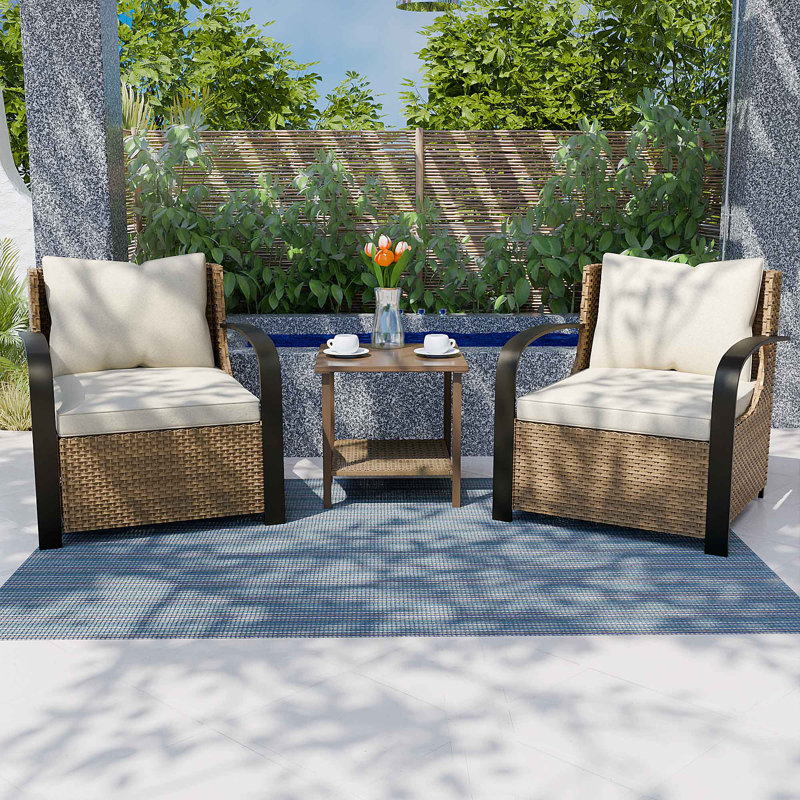Ensemble de conversation de patio en osier 3 pièces pour 2 personnes avec coussin, Beige