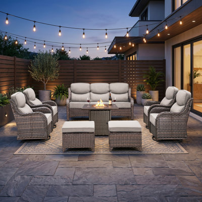 High Back Outdoor Furniture With 6-Inch Extra Thick Cushions, Patio Furniture Set With Fire Pit Table & Swivel Chairs, 8PCS Wicker Conversation Set For Yard, Deck, Poolside