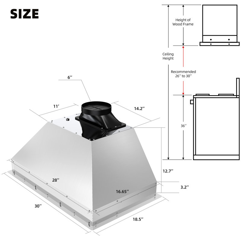 Hotte de cuisine encastrable 30 pouces 900 CFM avec lumières