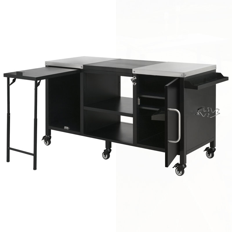 Large Grill Table For Big Green Egg, Outdoor Kitchen Island With Fold-Out Prep Table, Adjustable Shelves, And Spice Rack, Ideal For Outdoor Cooking And Entertaining.