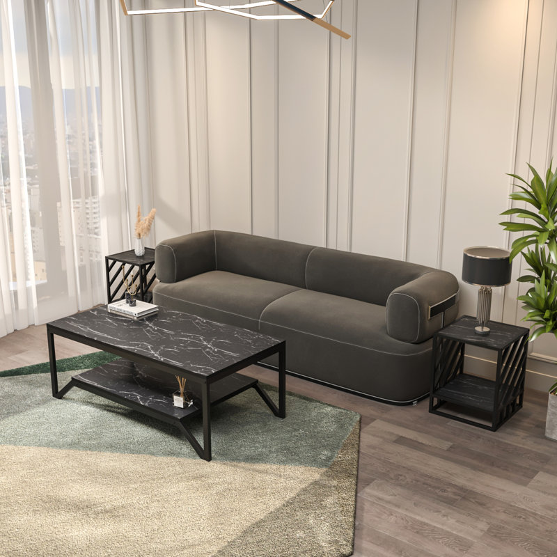 Ensemble de tables basses et tables d'appoint Flora & Norm, Motif de marbre noir / noir