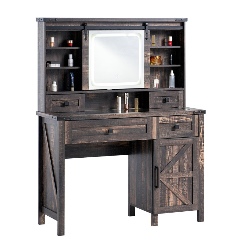 Bureau de coiffeuse avec miroir coulissant Farmhouse, Noir, noir, noir, noir