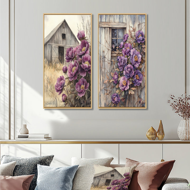 Lavande pivoines par The Weathered Barn I - décoration murale en toile florale 2 panneaux, H 32 po x l 33 po