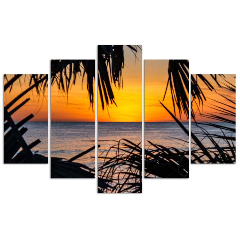 Sea Palm Trees At Sunset - 5 Piece Wrapped Canvas Print, 100cm H x 200cm W