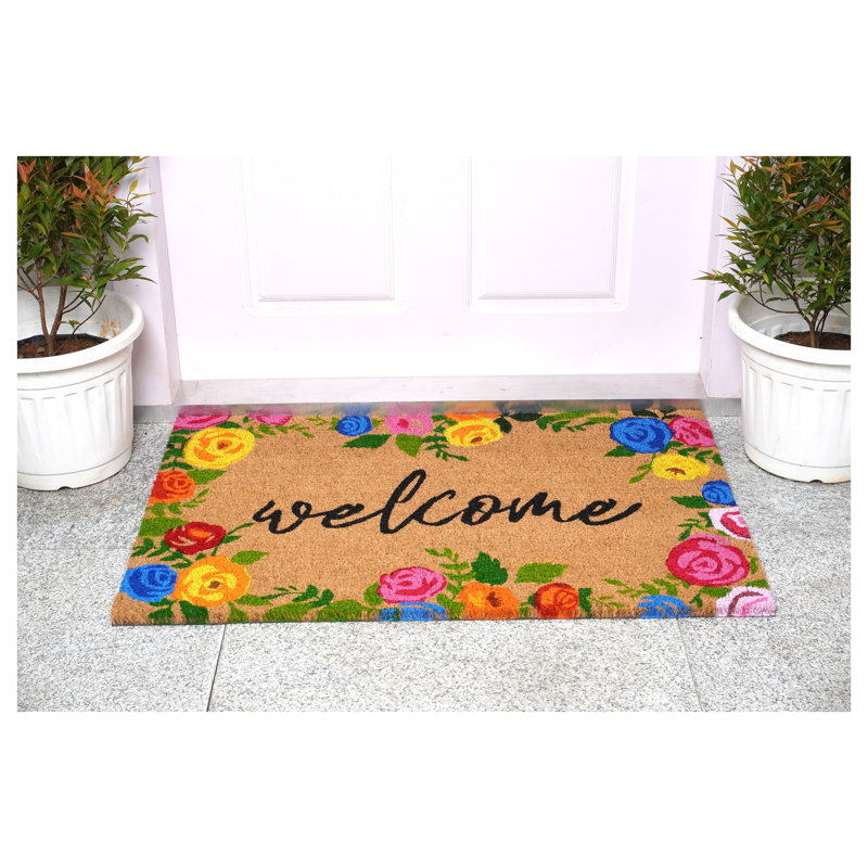 Colorful Floral Coir Welcome Doormat with Vinyl Backing