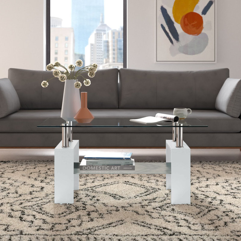 Fraiya Rectangle Coffee Table with Tempered Glass & MDF Storage Shelf, Modern Living Room or Office Center Table, Clear