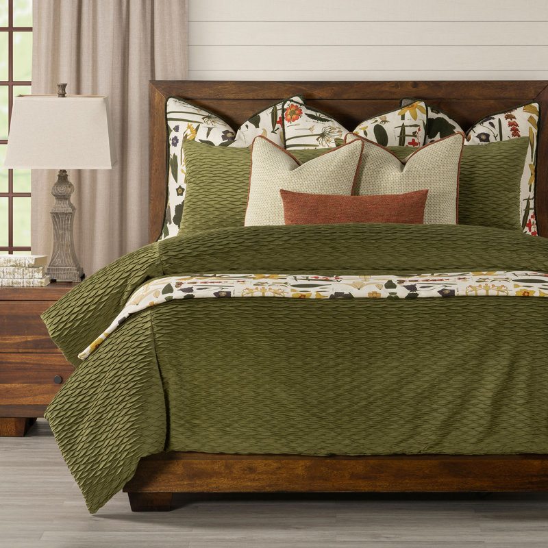 Pleated Velvet Olive Green Duvet Cover & Insert Set, Twin Duvet Cover + 1 Sham + 2 Pillows