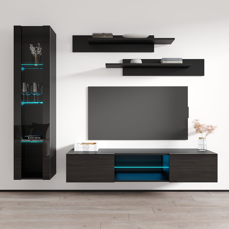 Letson 85" Modern Floating Wall Mounted Entertainment Center with 16-Color LED Lighting, High Gloss Finish, Black