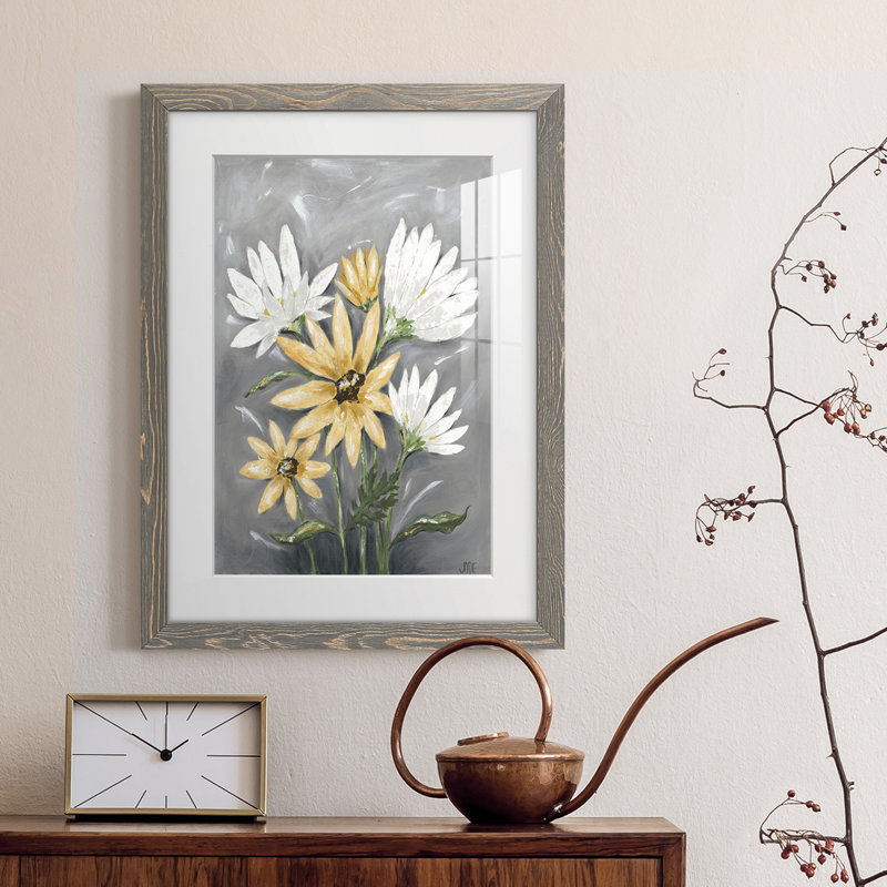 Summer Daisies I - peinture encadrée, Encadré gris, H 20 po x l 17 po x P 1 po