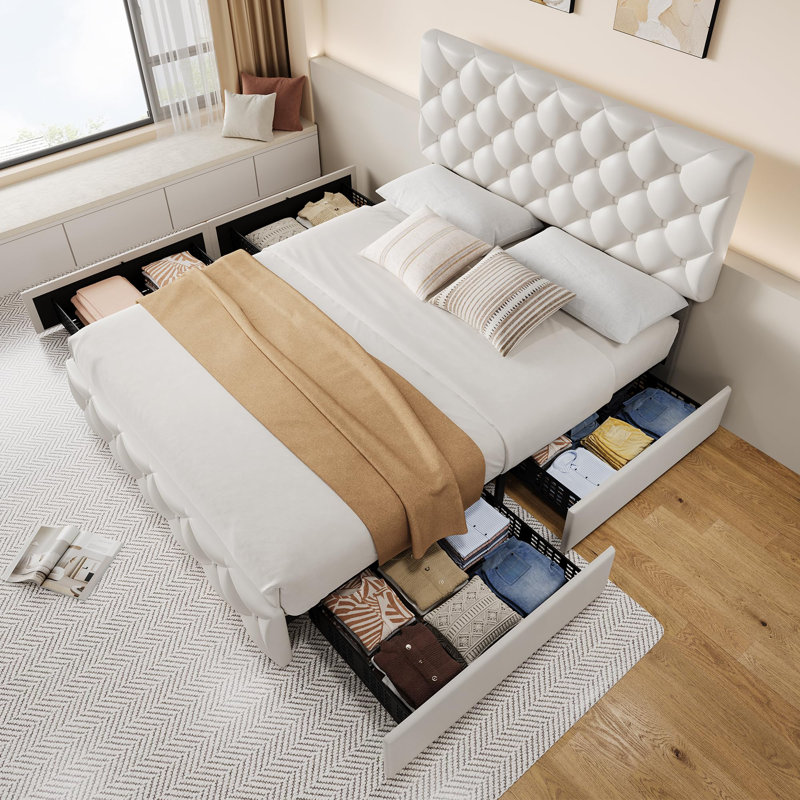 Bed Frame With Adjustable Headboard And 4 Storage Drawers, Linen Upholstered Platform Bed Frame, White, Full