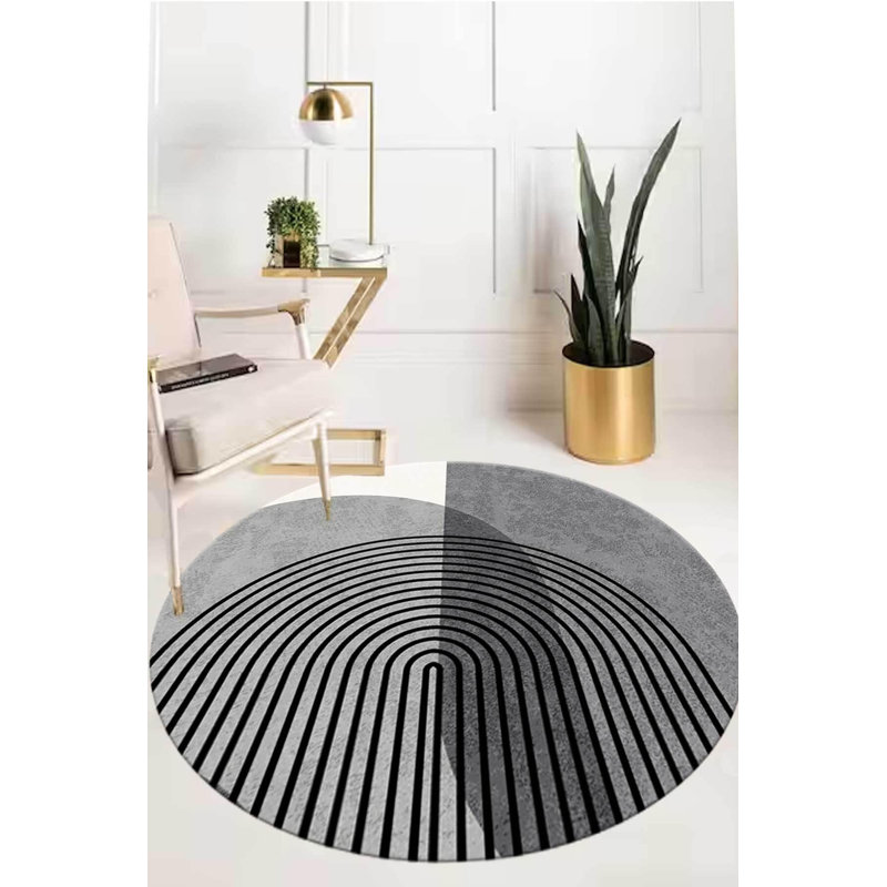 Tapis intérieur / extérieur rond gris en coton / polyester tissé à la machine, Rond 4 pi 7 po