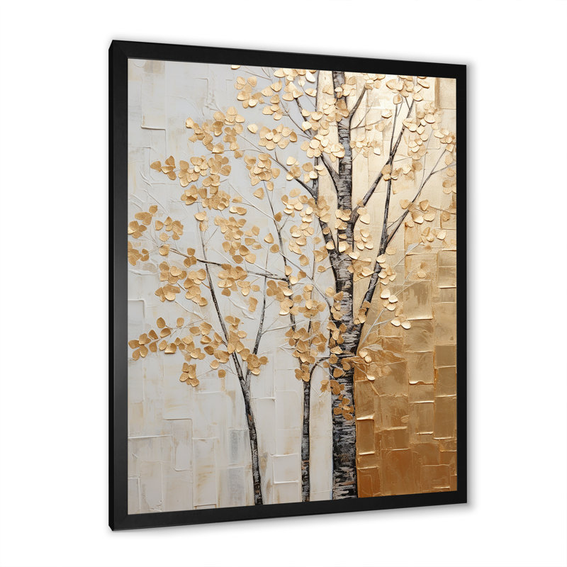 Minimalisme Golden Trees Harmony II - arbres, art mural, Cadre simple noir, H 32 po x l 16 po x P 1 po