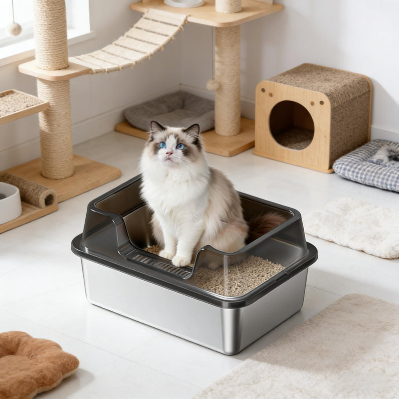 Bac à litière en acier inoxydable avec couvercle pour chats, fond antiadhésif anti-urine haut de gamme avec pelle, Noir
