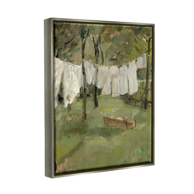 Classic Clothesline Yard Scene Gray Framed Floater Canvas Wall Art by Lettered and Lined