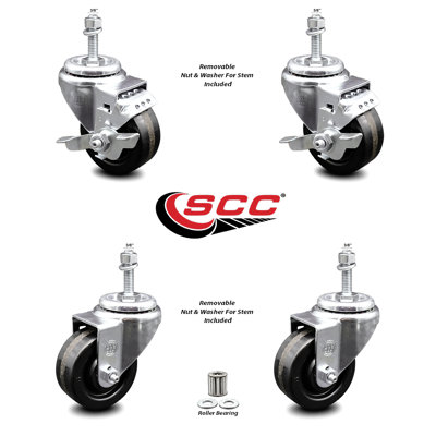 3 Inch Phenolic Wheel Swivel 3/8 Inch Threaded Stem Caster Set 2 Brakes SCC