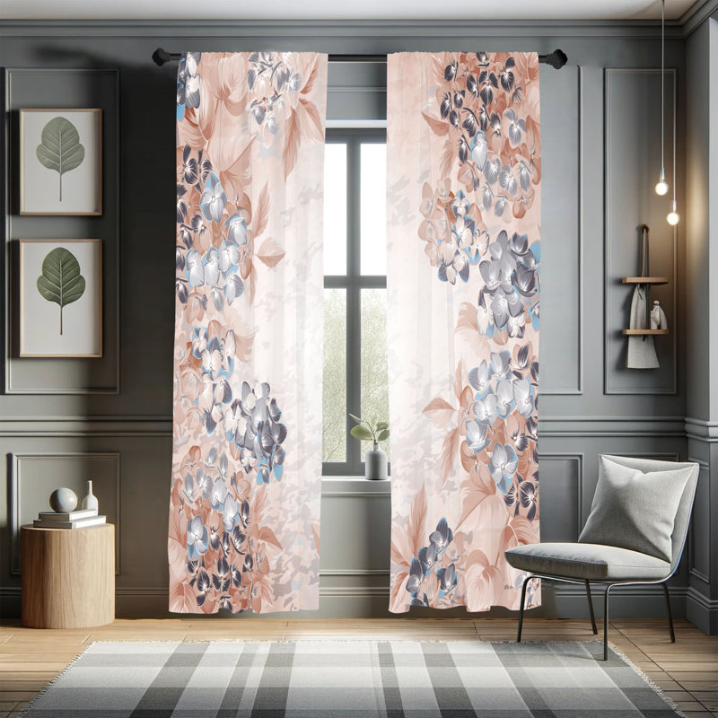 Ebern Designs Floral Curtains, Blooming Heydrangea Spring, Pale Salmon, 28" W x 95" L