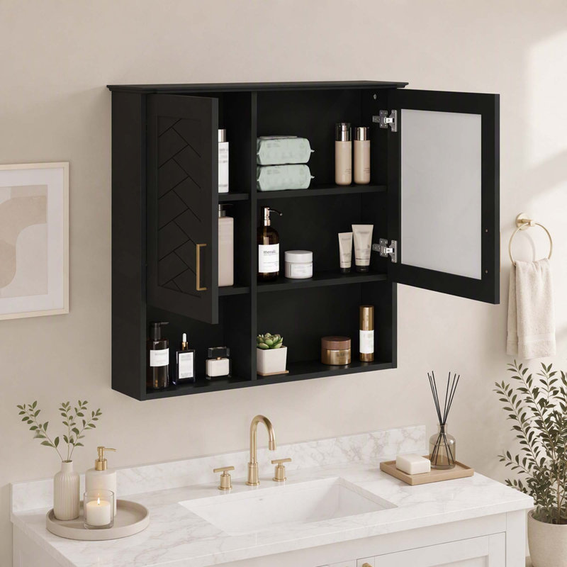 Armoire de toilette murale 2 en 1 avec miroir, étagères réglables et portes à fermeture en douceur, Noir