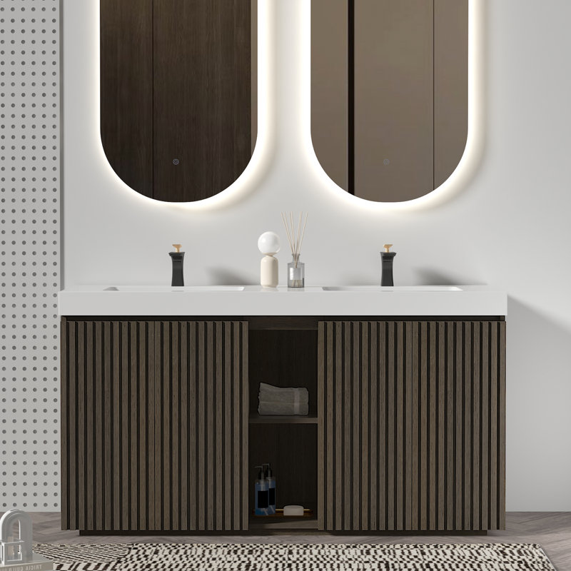 Meuble-lavabo autoportant à grande capacité de 60 pouces avec lavabo, Chêne fumé