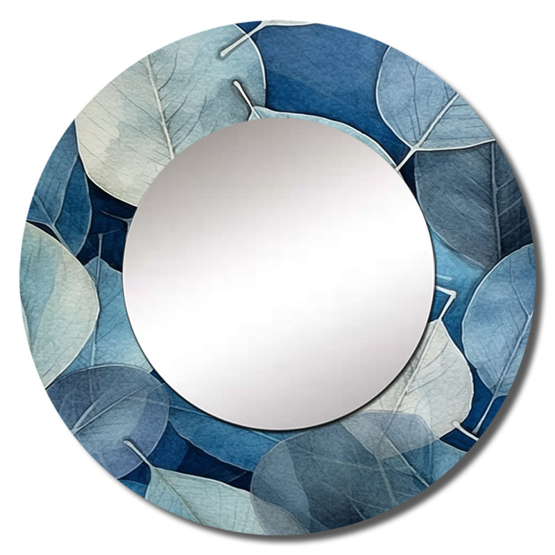 Harmonie des feuilles gris bleu - miroir floral, miroir mural décoratif rond traditionnel, impression d'art en métal