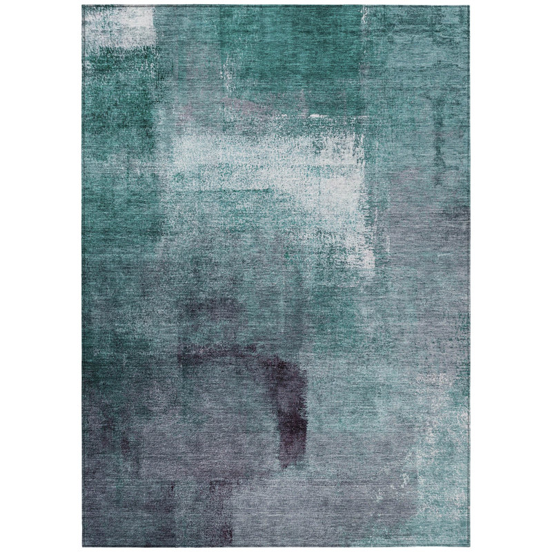 3' X 5' Teal Blue Aqua And Ivory Abstract Washable Indoor Outdoor Area Rug
