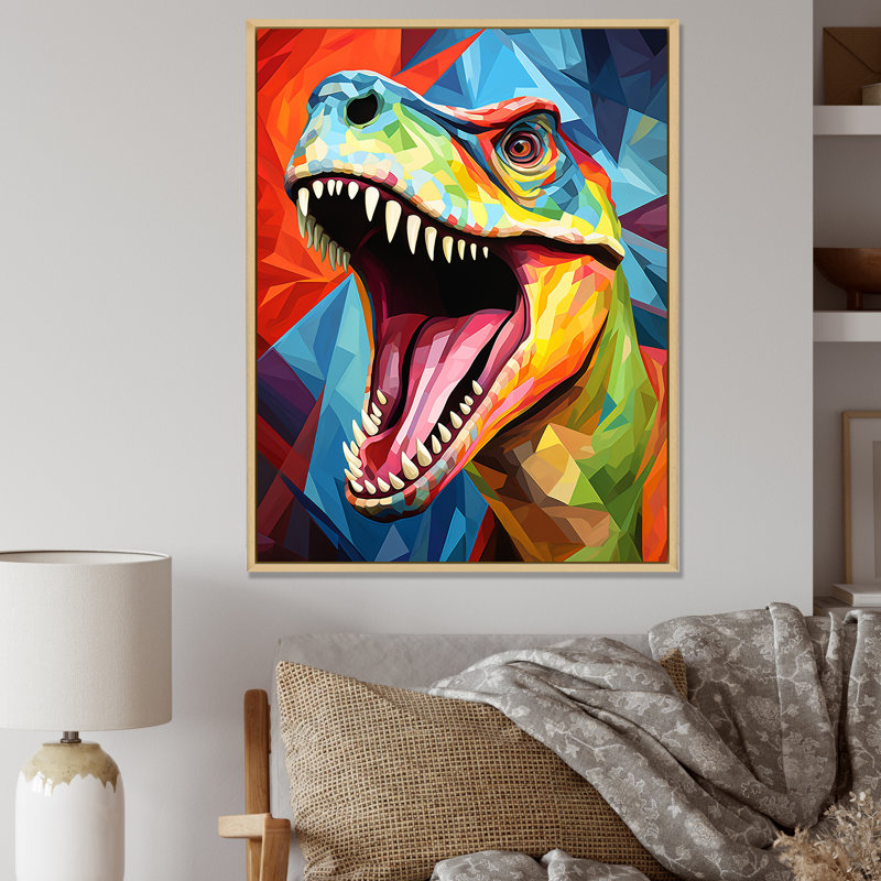 Cubiste coloré Trex Dino I - dinosaure, art mural, Cadre flottant brun, H 20 po x l 12 po x P 1 po
