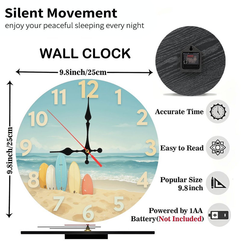 Horloge murale plage planche de surf d'été décor océan