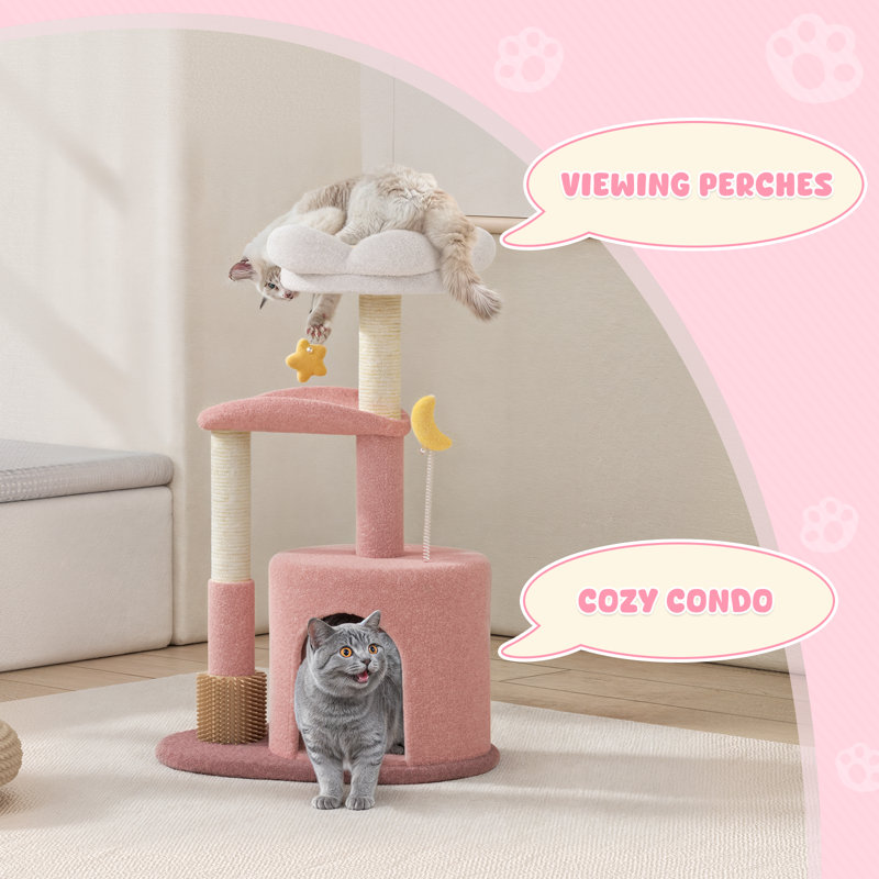 33"H Cat Tree with Platform Bed, Top Perch, Cat Cave, Scratching Post for Kittens, Pink